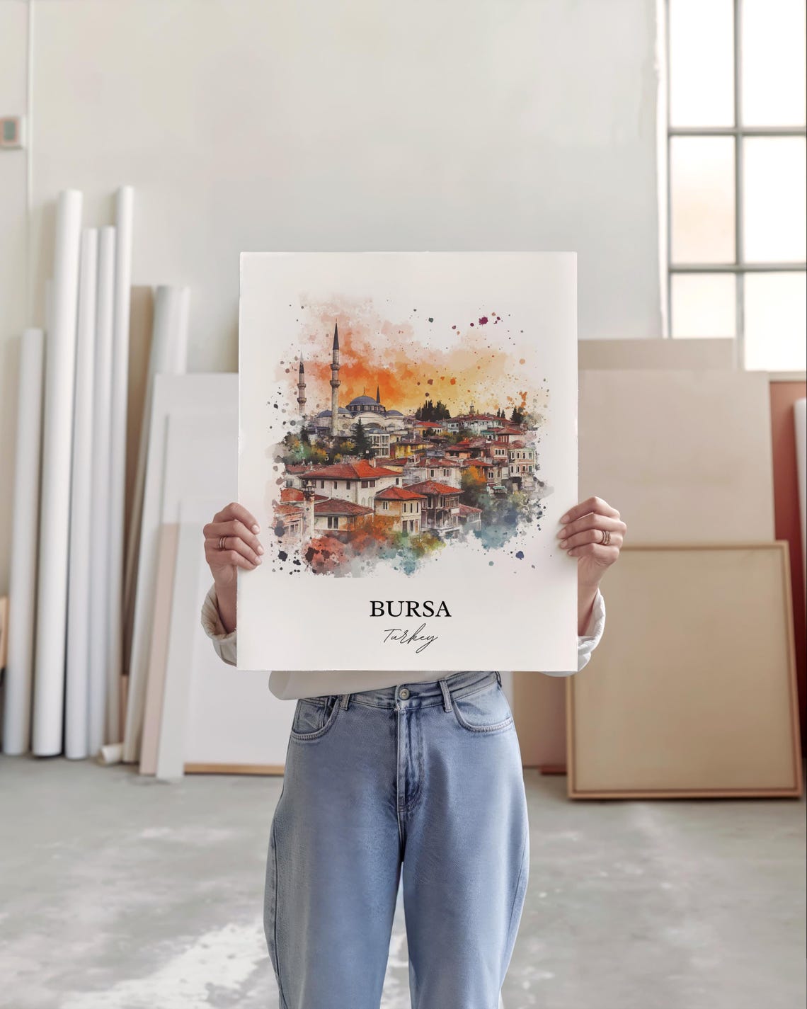 Bursa Turkey Watercolor Old Town Mosque Skyline Travel Poster - Image 5