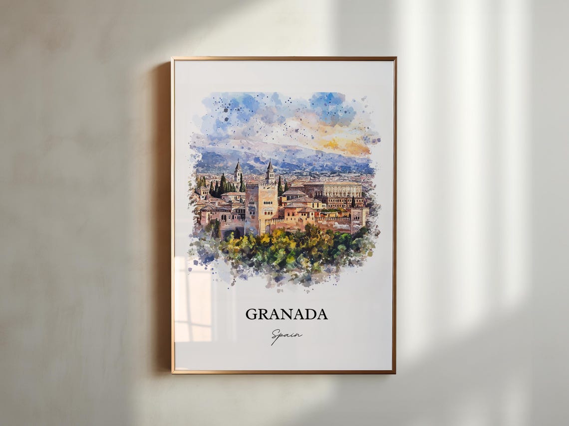 Granada Spain Watercolor Alhambra Palace Hilltop Skyline View Poster - Image 3