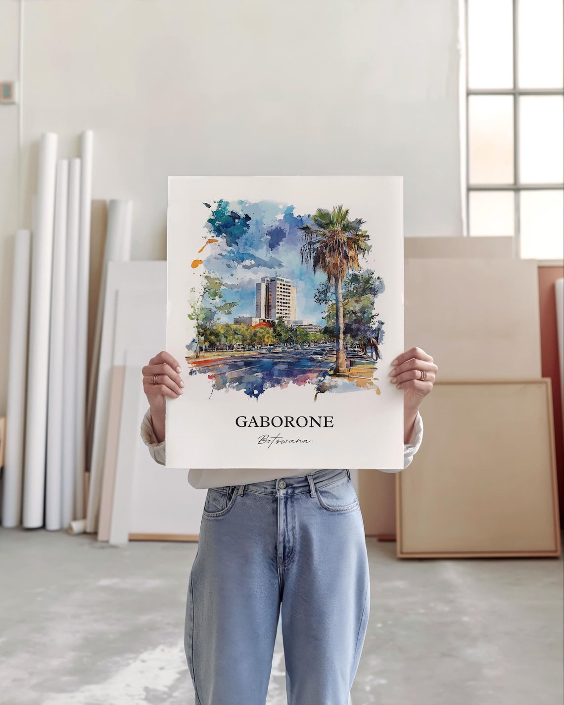 Gaborone Botswana Palm Avenue City View Watercolor Travel Poster - Image 4