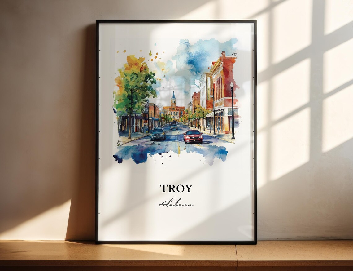 Troy Alabama Downtown Street Church Spire Watercolor Travel Poster