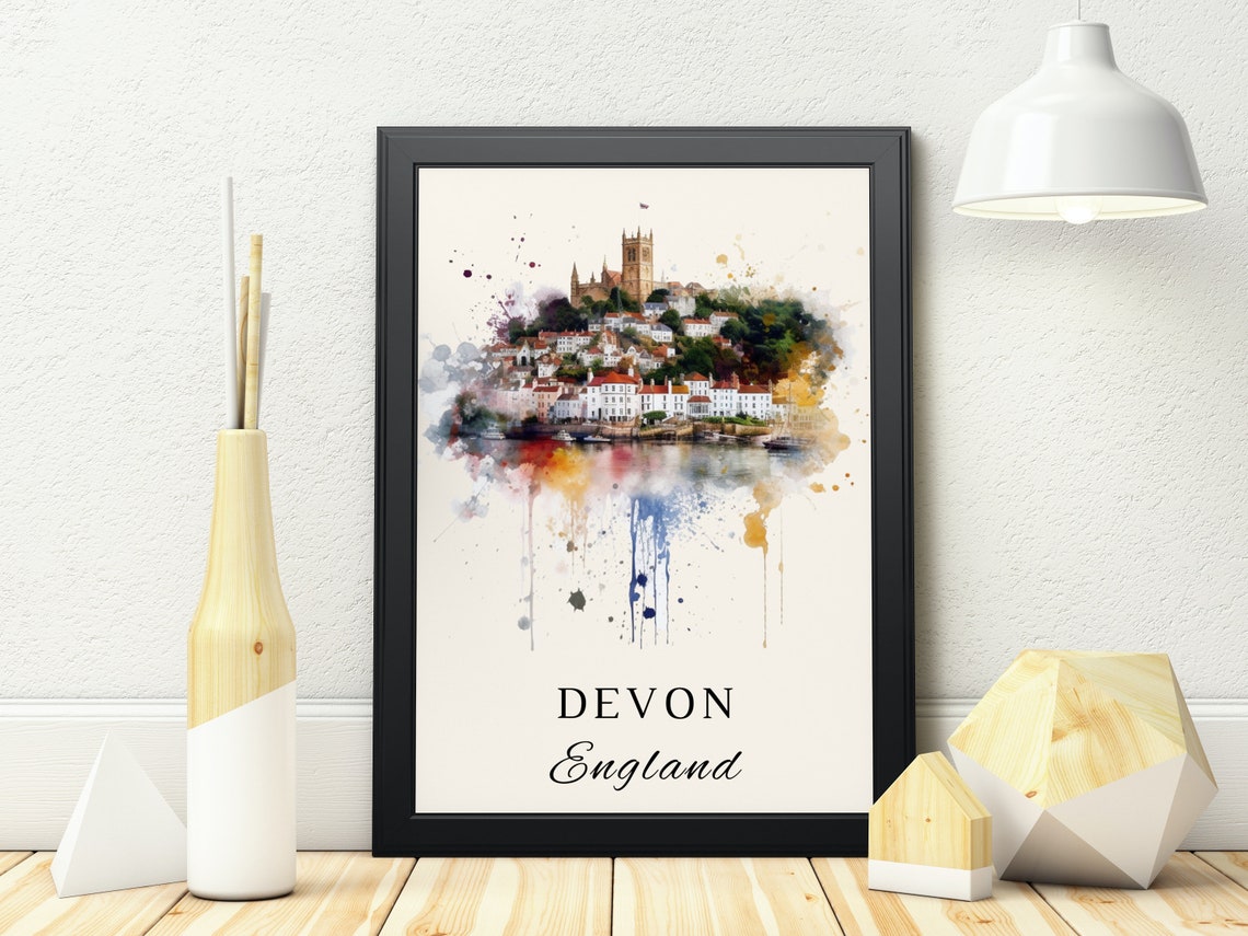 Devon England Watercolor Hillside Town Harbor View Travel Poster