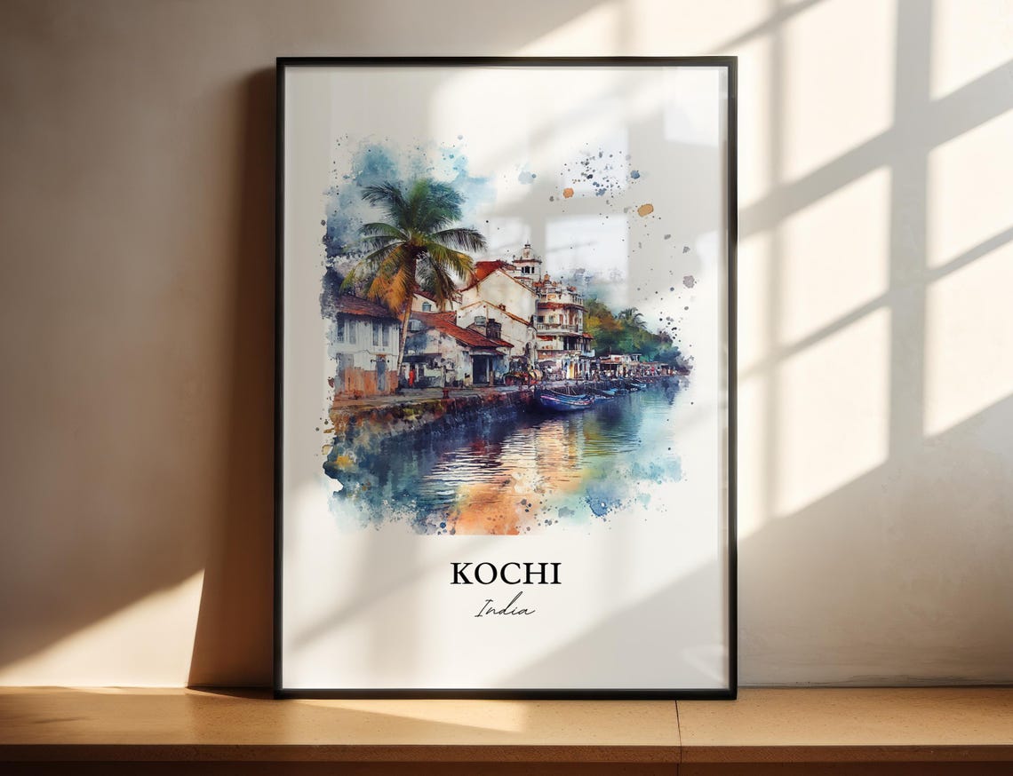 Kochi India Watercolor Harbor Scene Travel Souvenir Art Poster