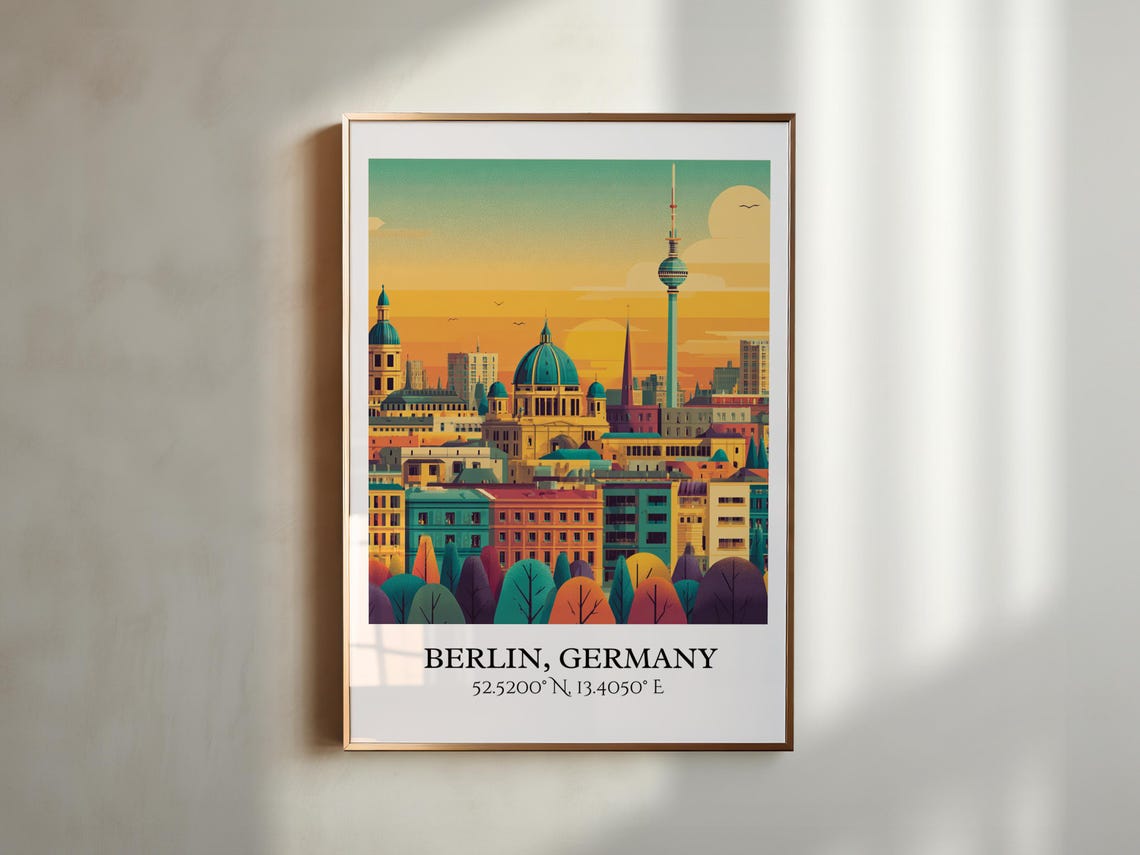Berlin Germany TV Tower Cathedral Dome Sunset Retro Travel Art Poster - Image 3