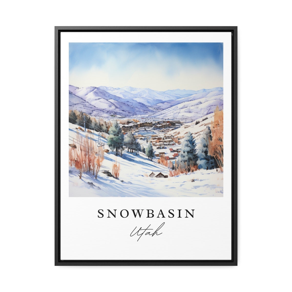 Snowbasin Utah Ski Resort Winter Mountain Scenic Watercolor Poster - Image 2