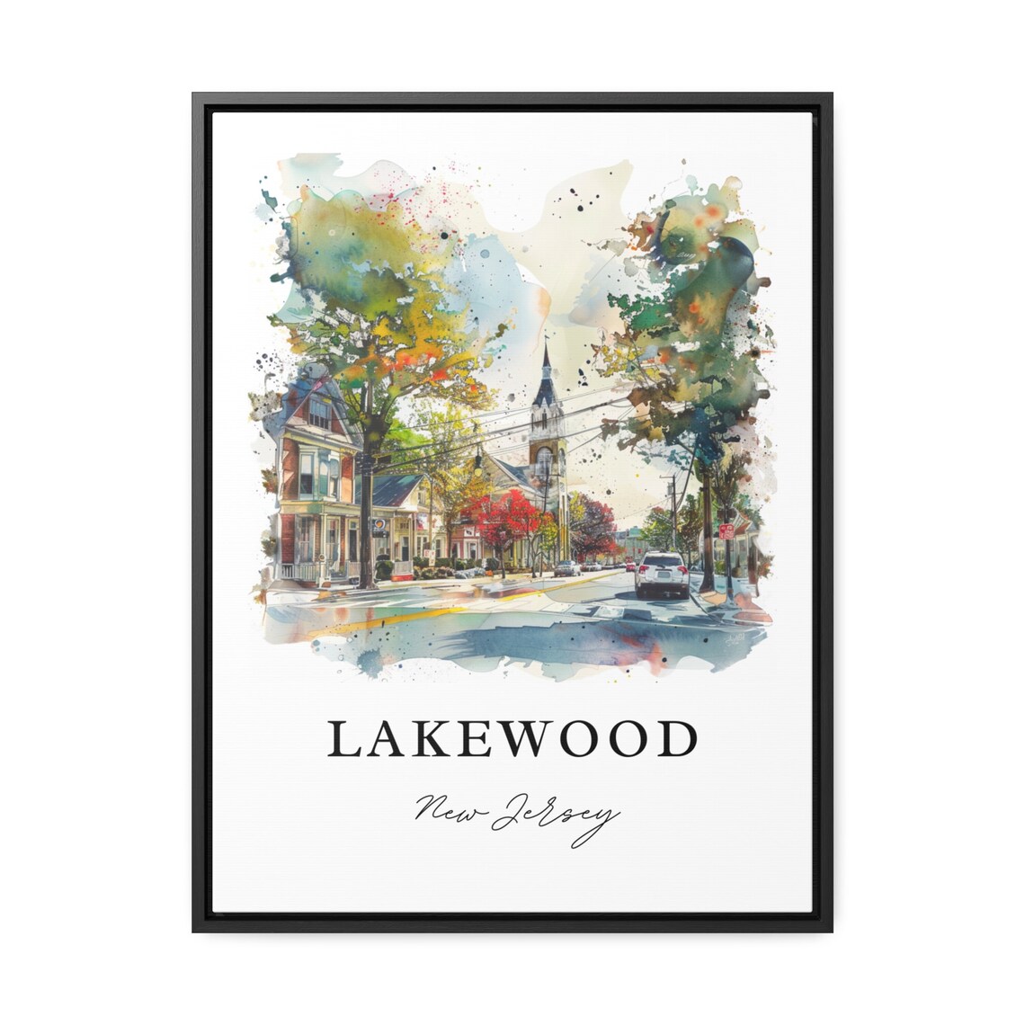 Lakewood New Jersey Watercolor Downtown Street Church Poster - Image 3