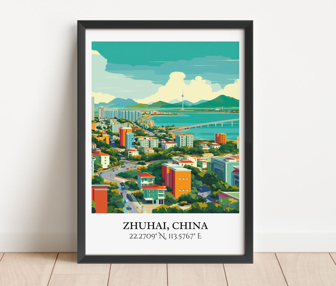 Zhuhai China Coastal Skyline Retro Travel Coordinates Art Poster - Image 2