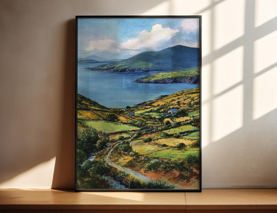 Ring Of Kerry Ireland Coastal Hills Watercolor Landscape Print
