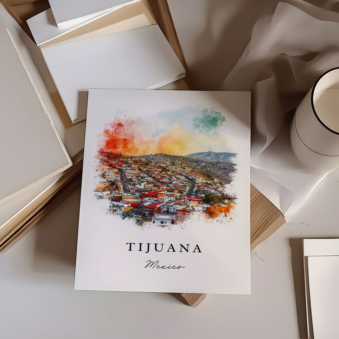 Tijuana Mexico Hillside City Panorama Watercolor Travel Poster - Image 6
