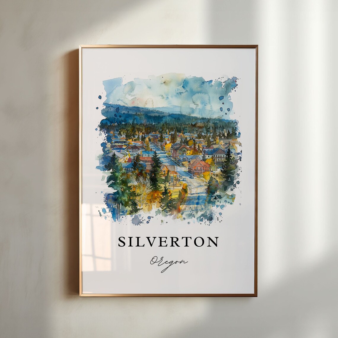 Silverton Oregon Small Town Evergreen Hills Watercolor Poster
