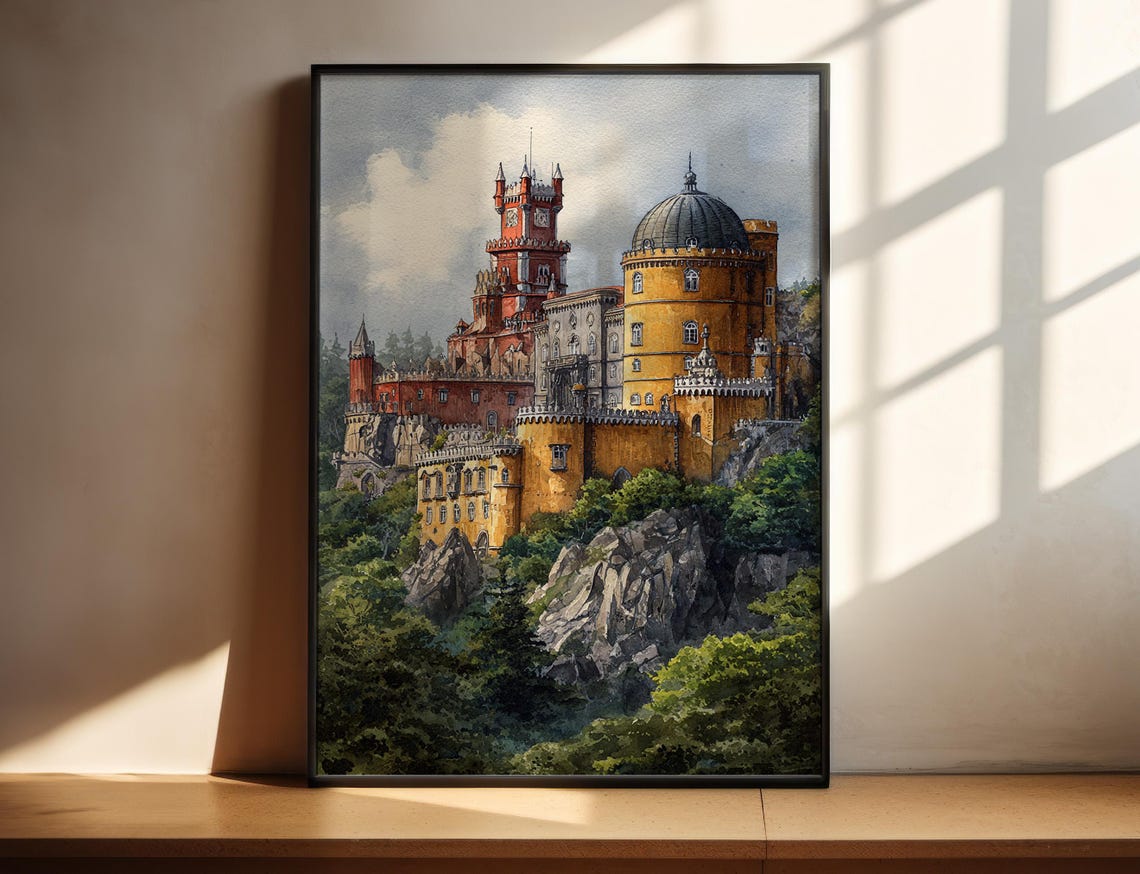 Pena Palace Sintra Portugal Colorful Castle Watercolor Art Poster
