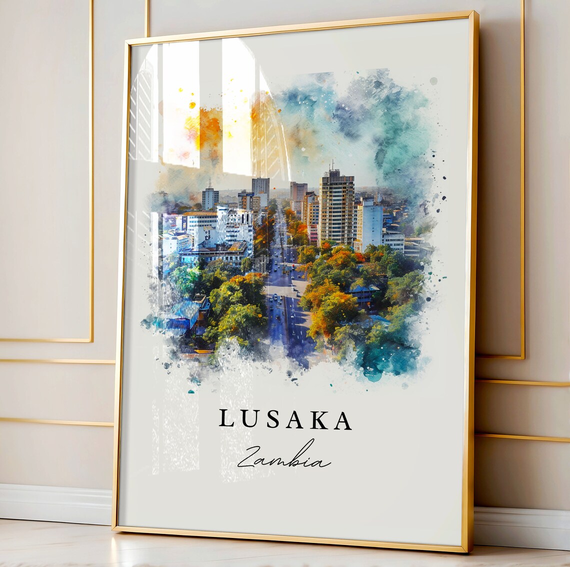 Lusaka Zambia African Watercolor City Skyline Boulevard Poster - Image 5