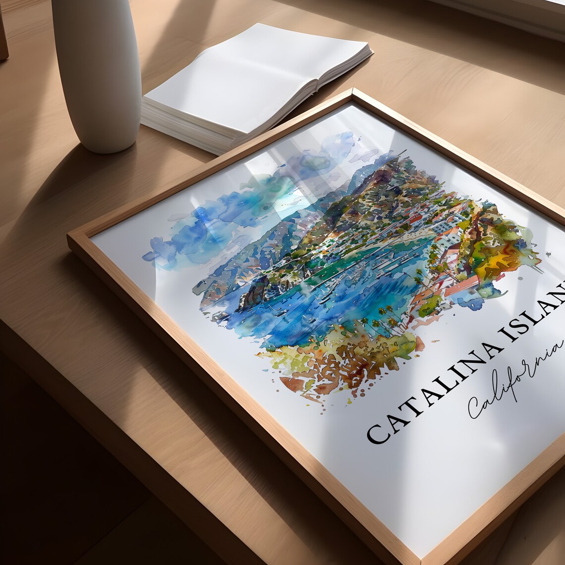Catalina Island California Watercolor Harbor Aerial Scene Art Poster - Image 5