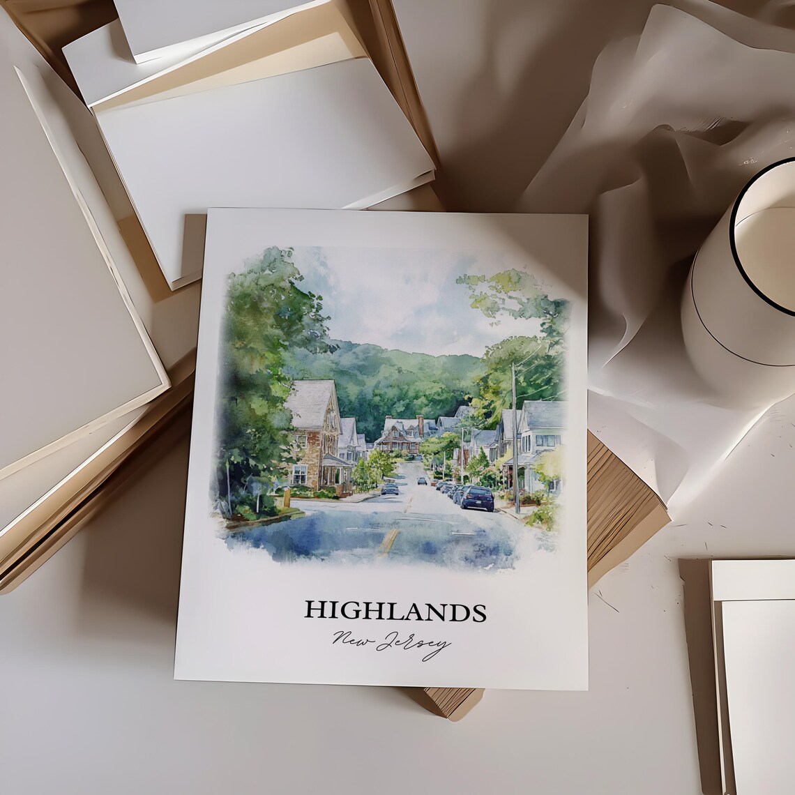 Highlands New Jersey Watercolor Hillside Street Greenery Travel Poster - Image 3