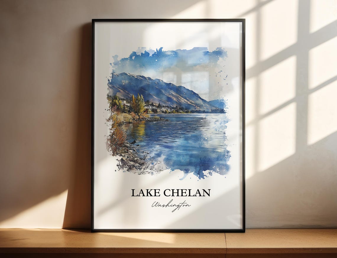 Lake Chelan Washington Watercolor Blue Lake Mountain Scene Poster