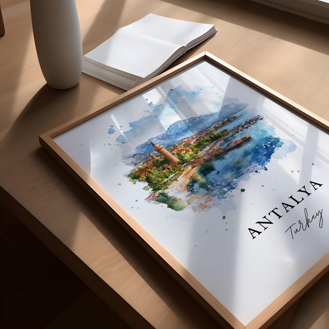 Antalya Turkey Watercolor Old Harbor Coast Mountain Travel Poster - Image 5
