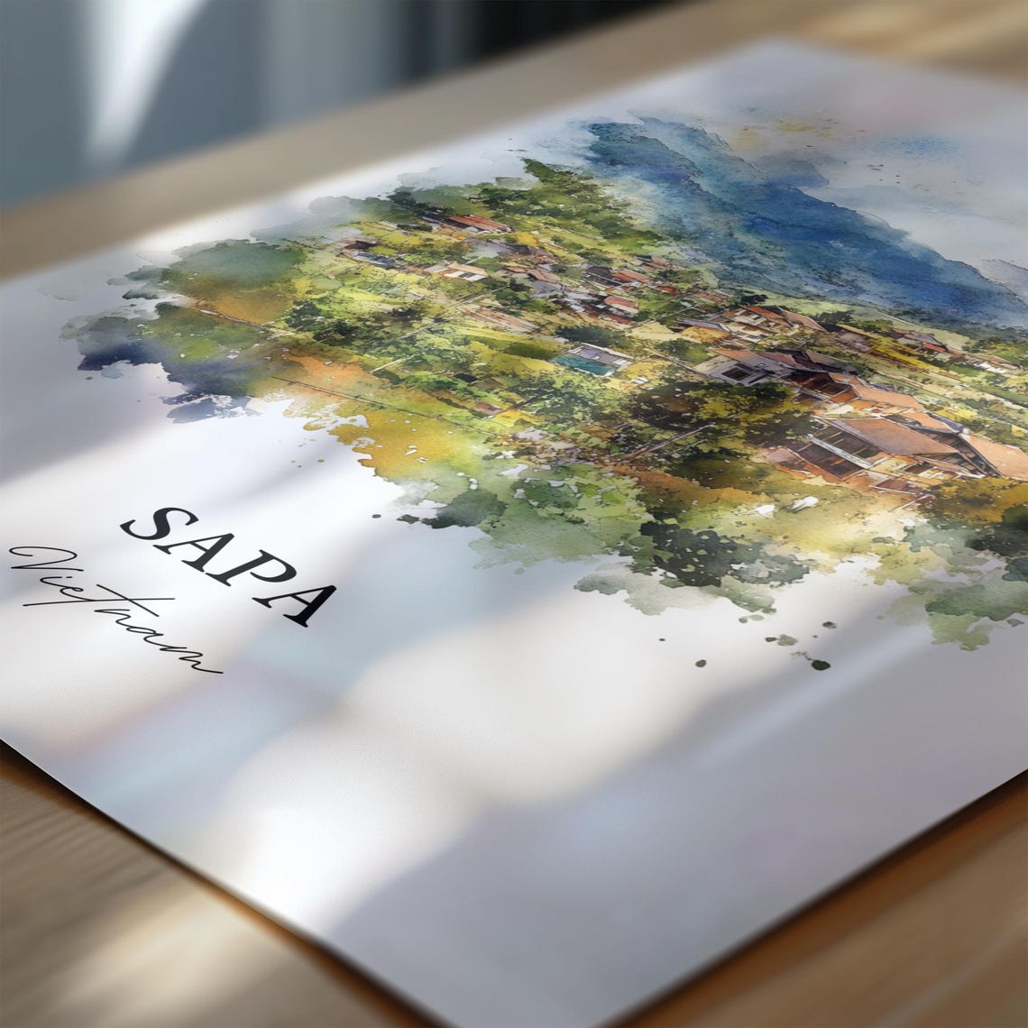 Sapa Vietnam Watercolor Mountain Town Valley Landscape Poster - Image 6