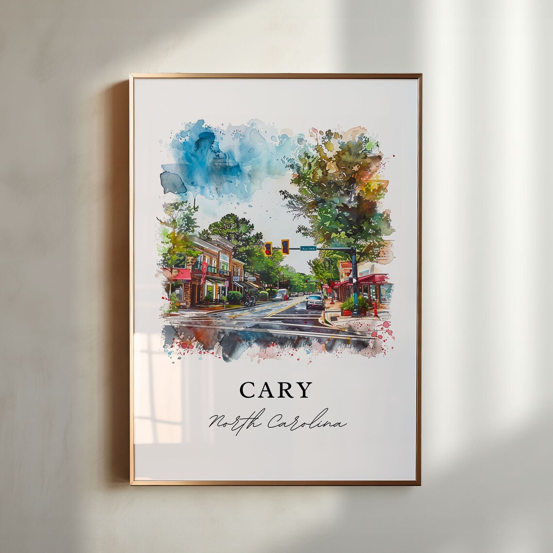 Cary NC North Carolina Watercolor Main Street Downtown Poster