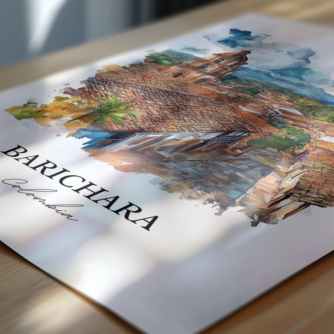 Barichara Colombia Colonial Church Rooftops Watercolor Travel Poster - Image 6
