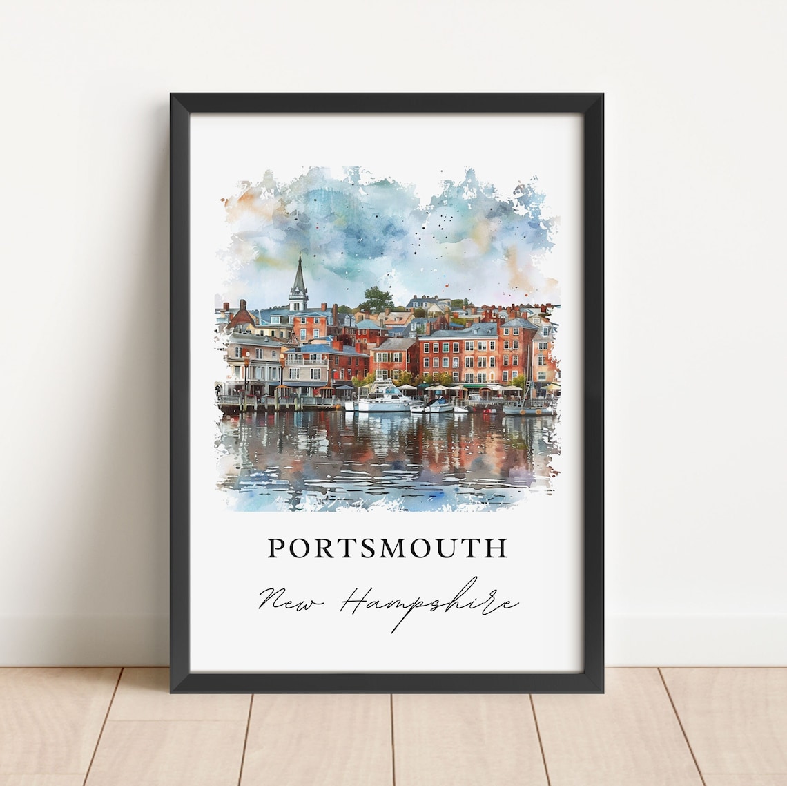 Portsmouth NH Watercolor Travel Poster, Piscataqua River