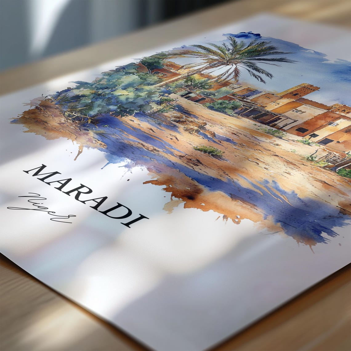 Maradi Niger Desert Town Palm Oasis Watercolor Scene Art Poster - Image 7