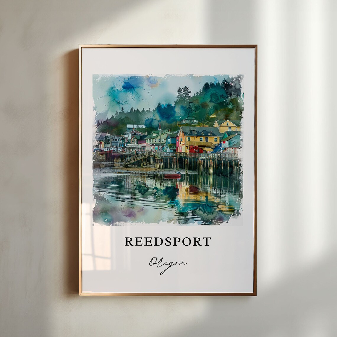 Reedsport Oregon Harbor Pilings Watercolor Fishing Village Poster