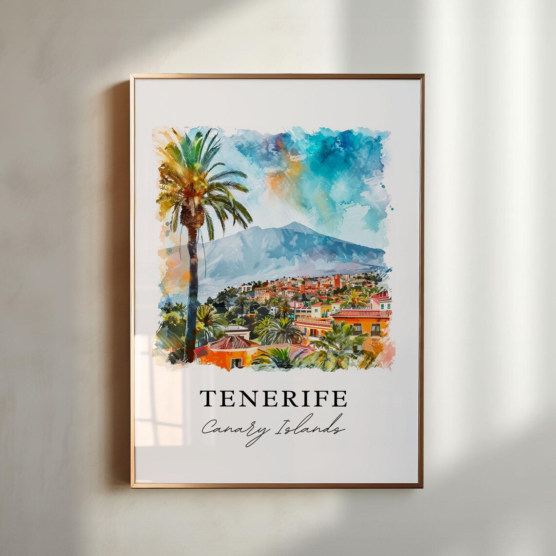 Tenerife Canary Islands Palm Volcano Watercolor Travel Poster