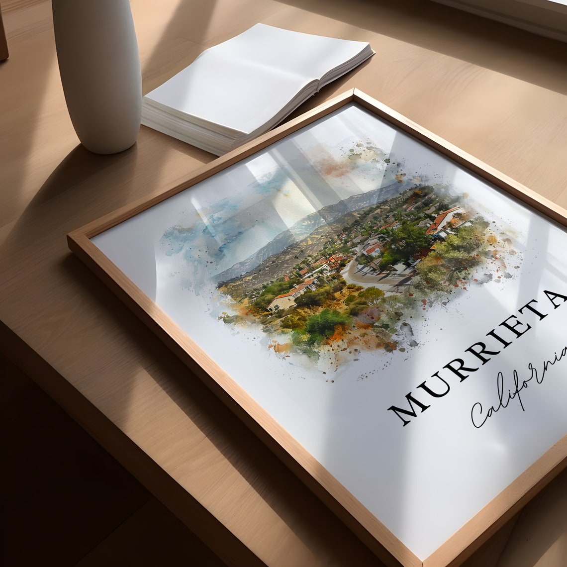 Murrieta California Watercolor Hillside Town Valley Scene Poster - Image 5