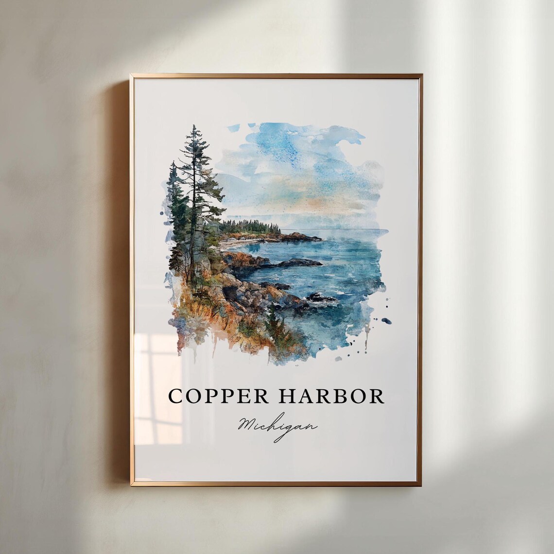 Copper Harbor Michigan Rocky Coast Pines Watercolor Art Print