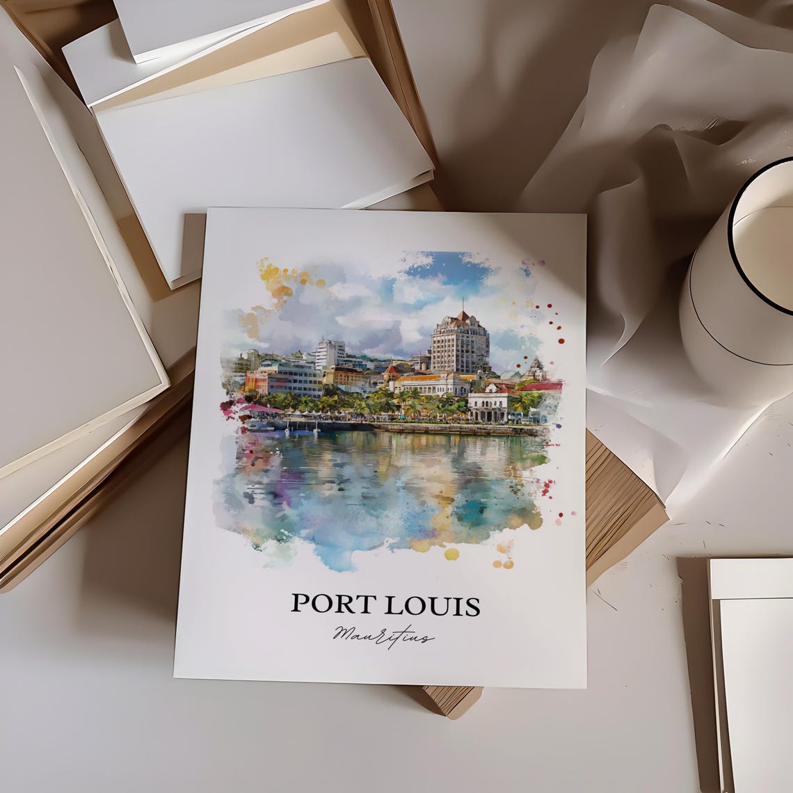 Port Louis Mauritius Harbor Skyline Waterfront Watercolor Poster - Image 2