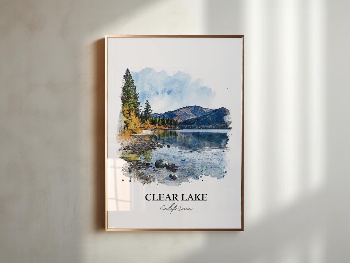 Clear Lake California Rocky Shoreline Watercolor Lake Landscape Poster - Image 5