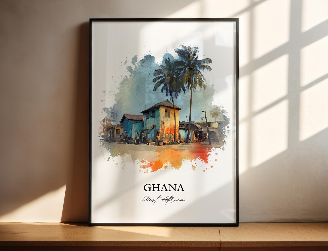 Ghana West Africa Colorful Village Palm Trees Art Travel Poster
