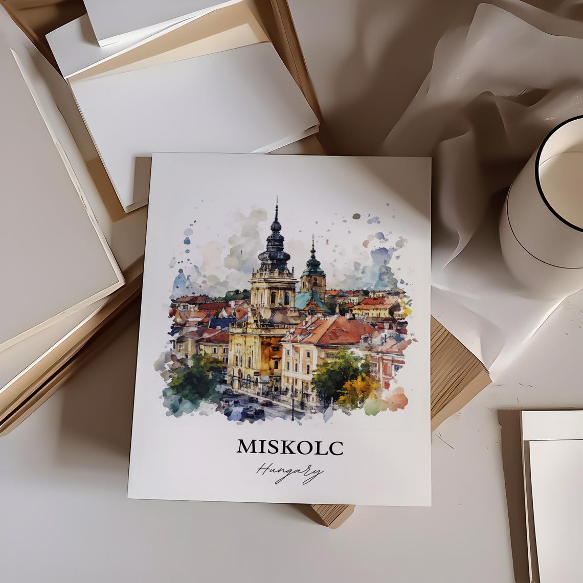 Miskolc Hungary Watercolor Church Towers Old Town Cityscape Poster - Image 3