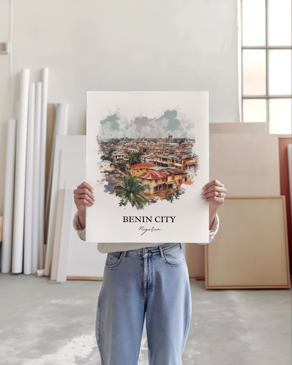 Benin City Nigeria Rooftop Skyline Watercolor Travel Poster Art - Image 4