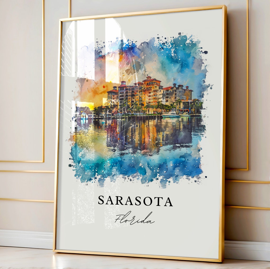 Sarasota Florida Waterfront Sunset Skyline Watercolor Travel Poster - Image 4