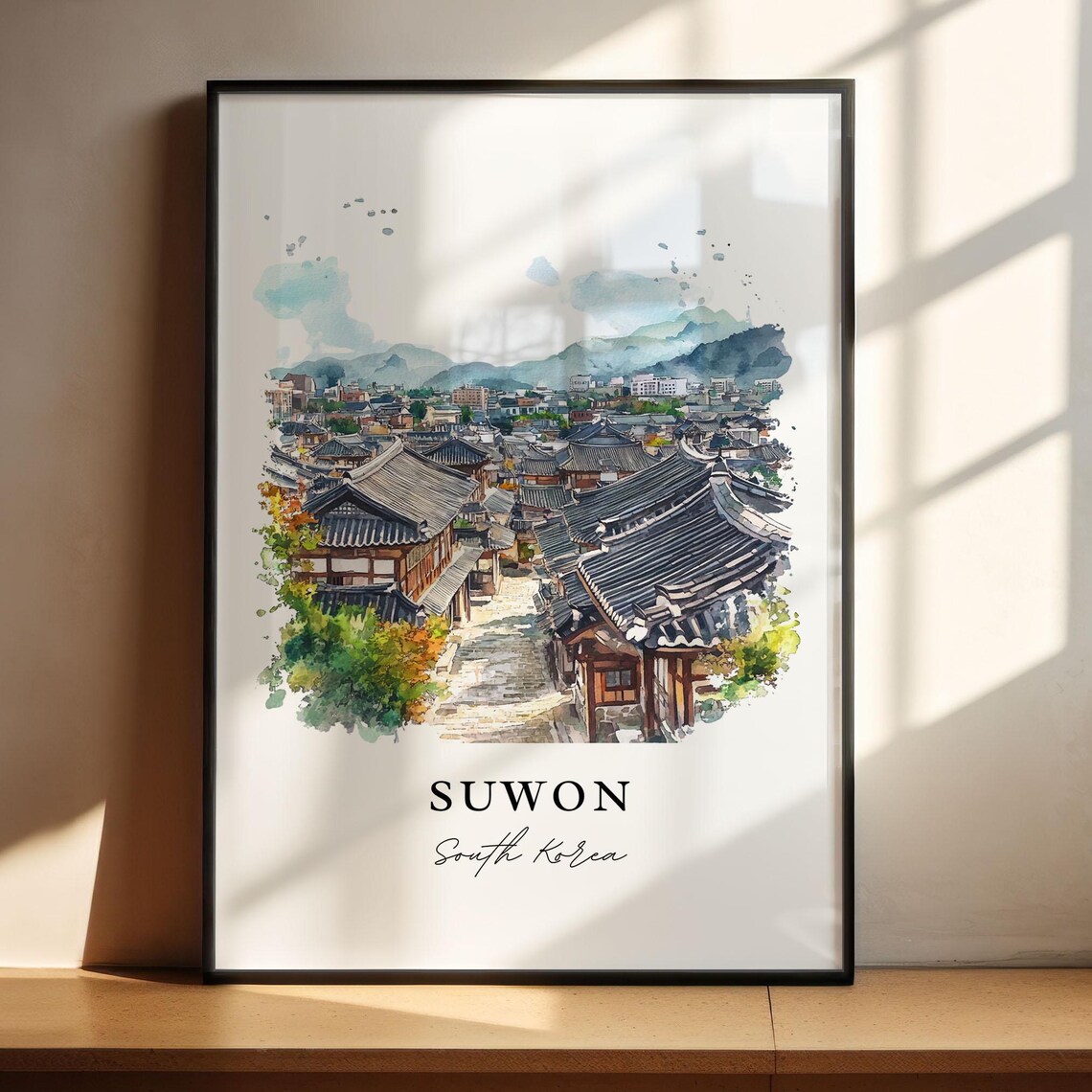 Suwon South Korea Hanok Rooftops Alley Watercolor Travel Poster - Image 6