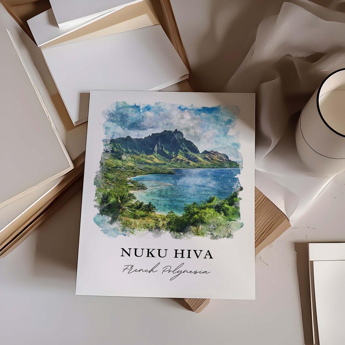 Nuku Hiva French Polynesia Lush Volcanic Island Bay Watercolor Poster - Image 2
