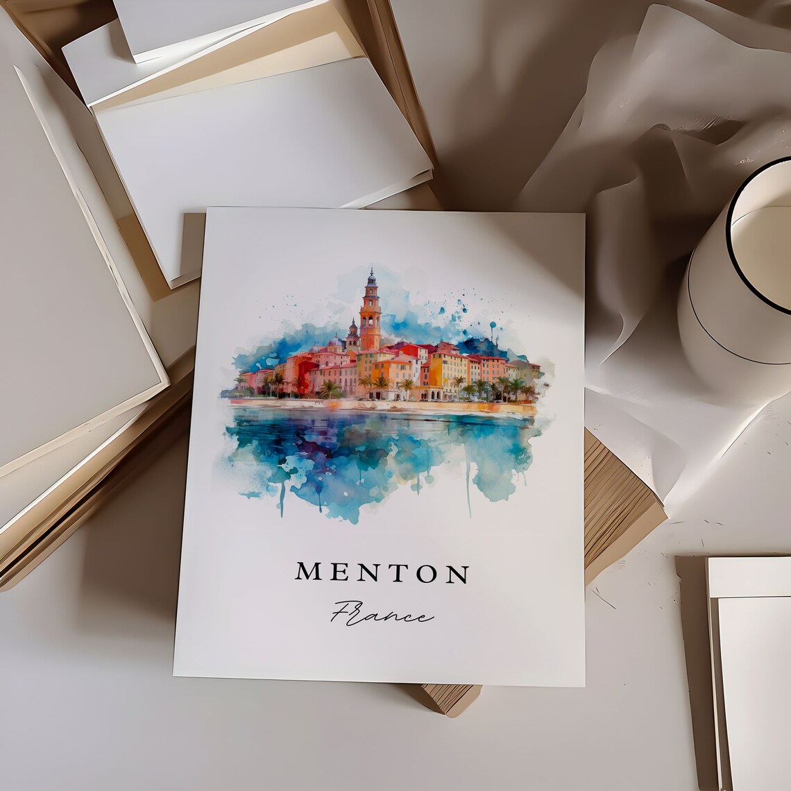 Menton France Watercolor Riviera Old Town Harbor Reflection Poster - Image 6