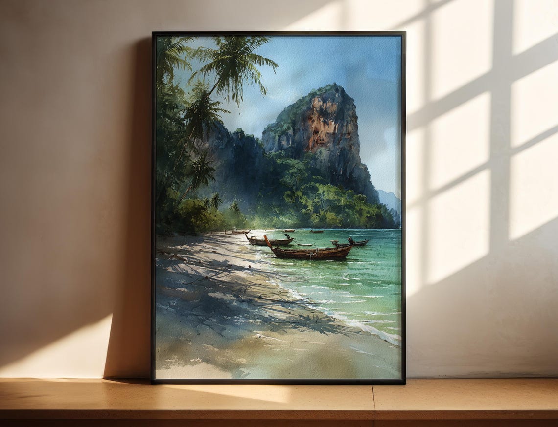 Koh Samui Thailand Beach Longtail Boats Watercolor Travel Poster Art