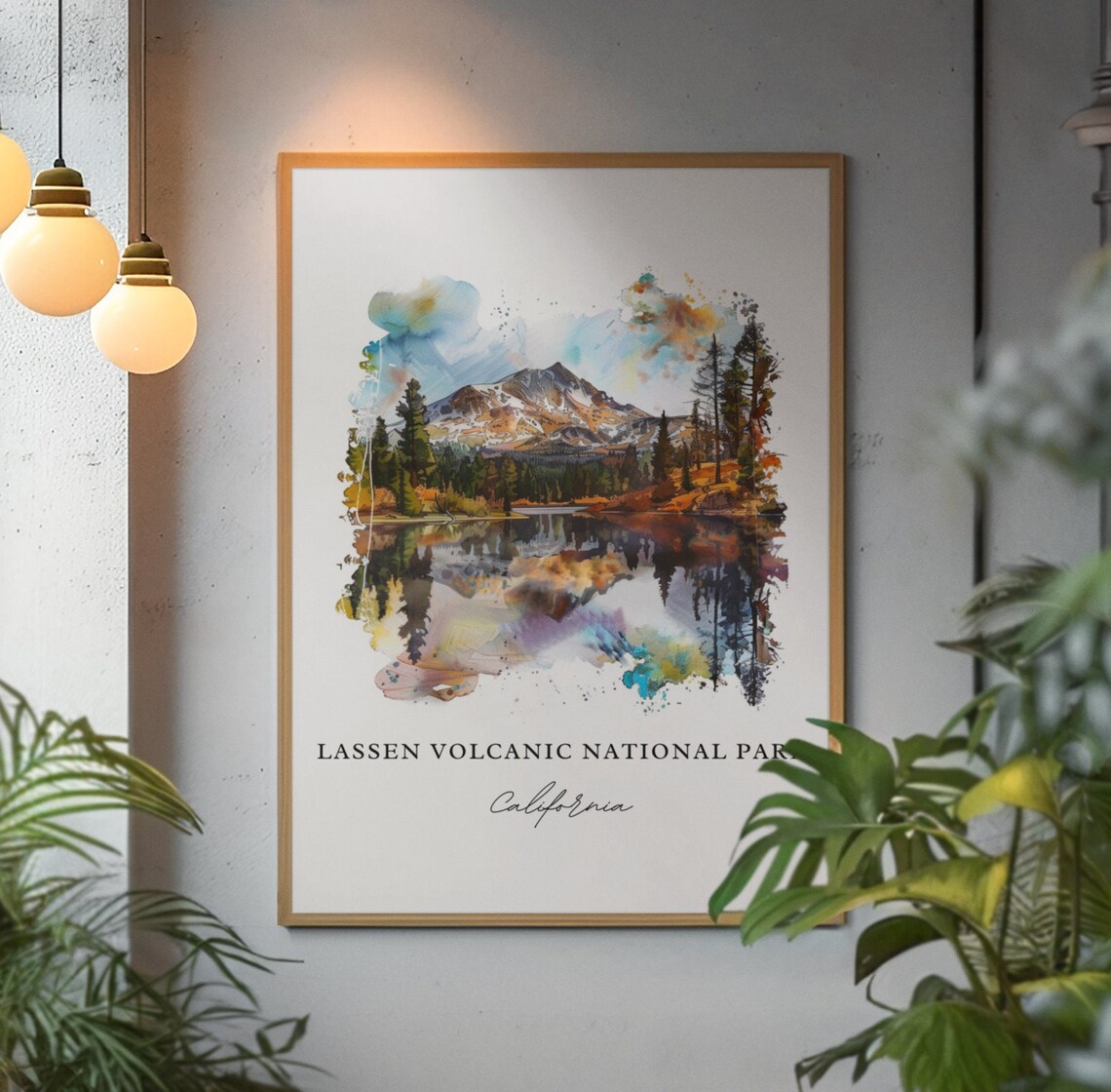 Lassen Volcanic National Park California Watercolor Mountain Lake Poster