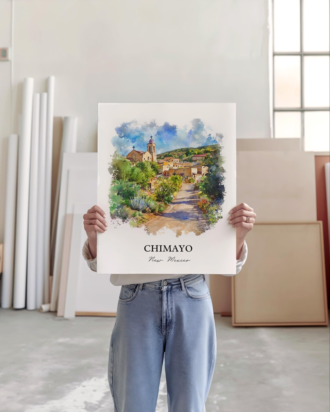 Chimayo New Mexico Adobe Church Village Path Watercolor Travel Poster - Image 4