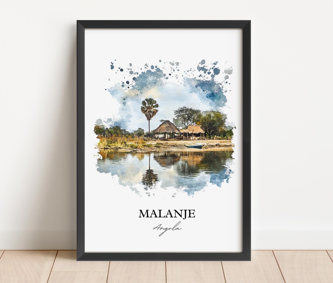 Malanje Angola Riverside Thatched Huts Palm Watercolor Poster - Image 4