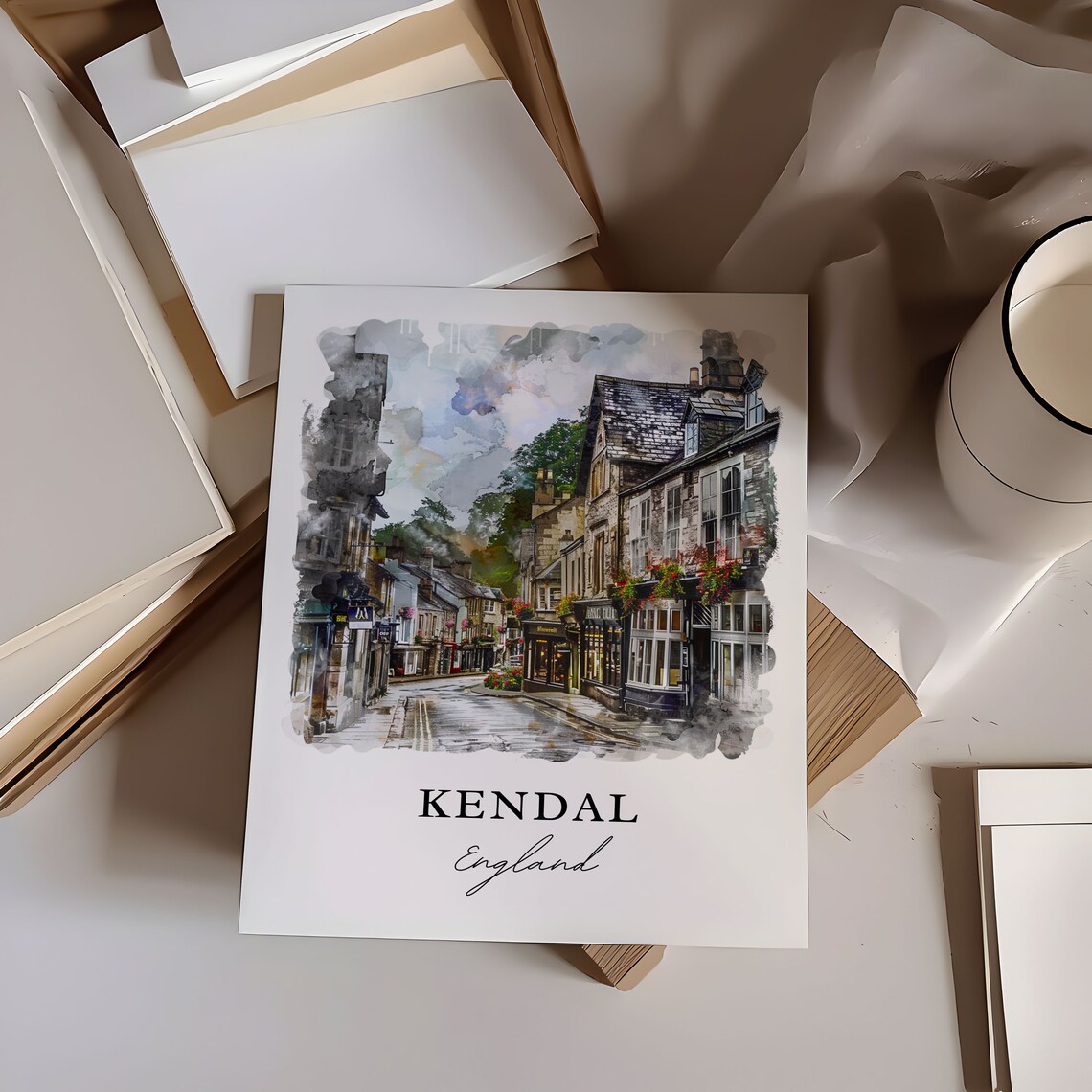 Kendal England Historic Stone Street Watercolor Travel Poster - Image 6