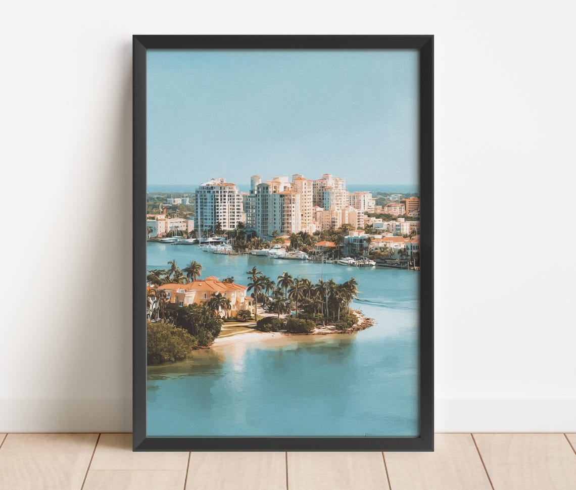 Sarasota Florida Waterfront Skyline Marina Watercolor Wall Art