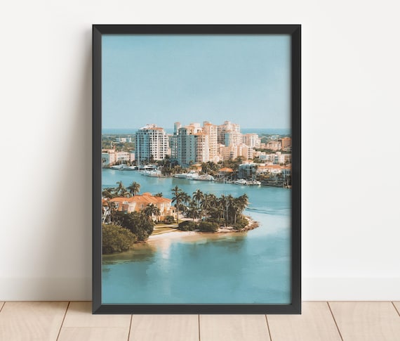 Sarasota Florida Waterfront Skyline Marina Watercolor Wall Art