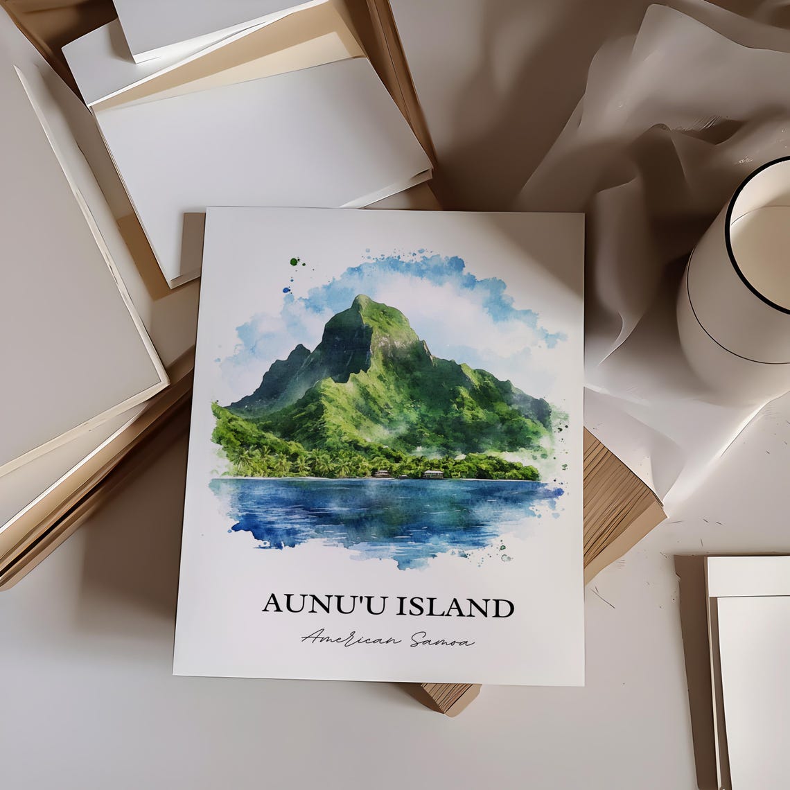 Aunuu Island American Samoa Volcanic Peak Lagoon Watercolor Poster - Image 6