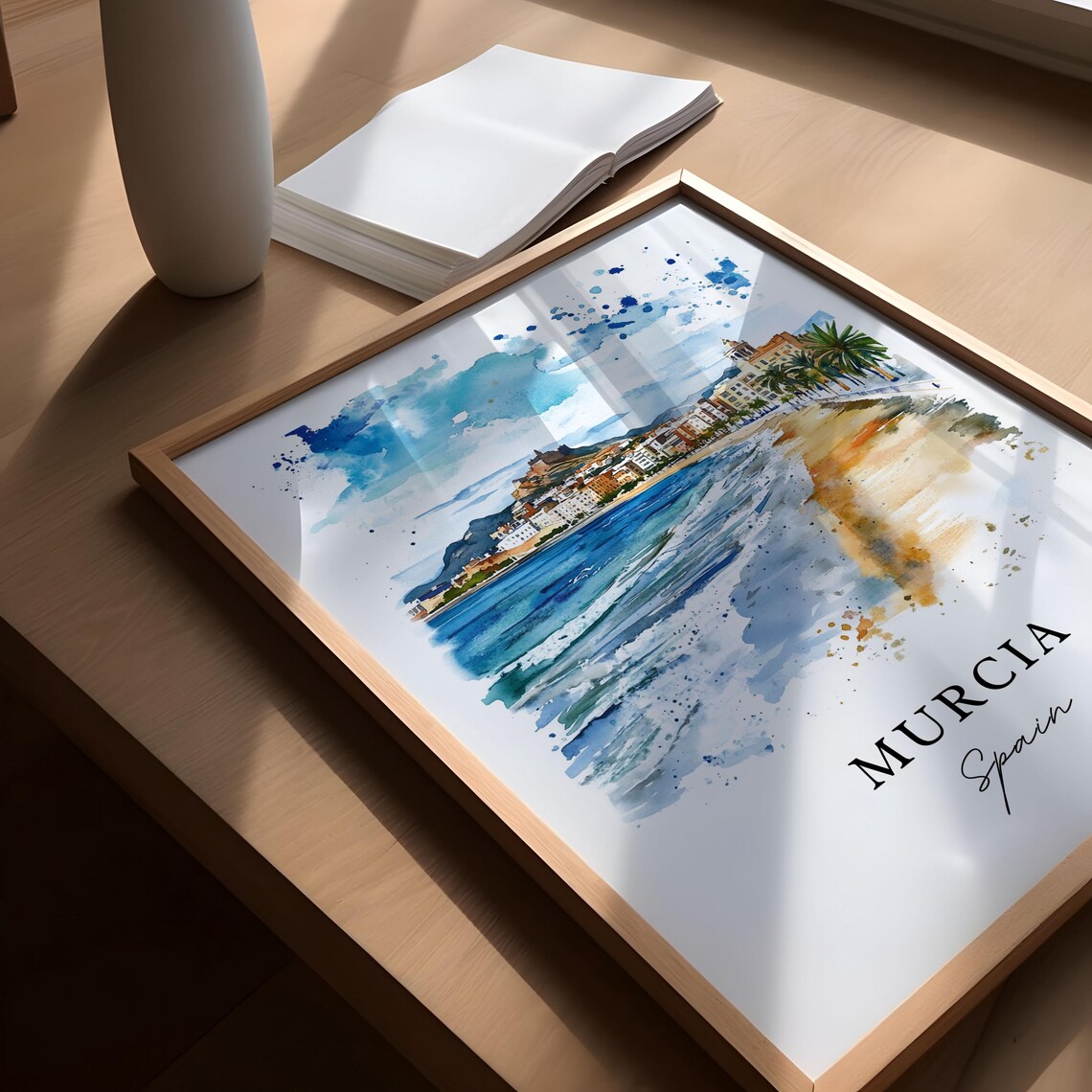 Murcia Spain Watercolor Sunny Beach Promenade Scene Travel Poster - Image 5