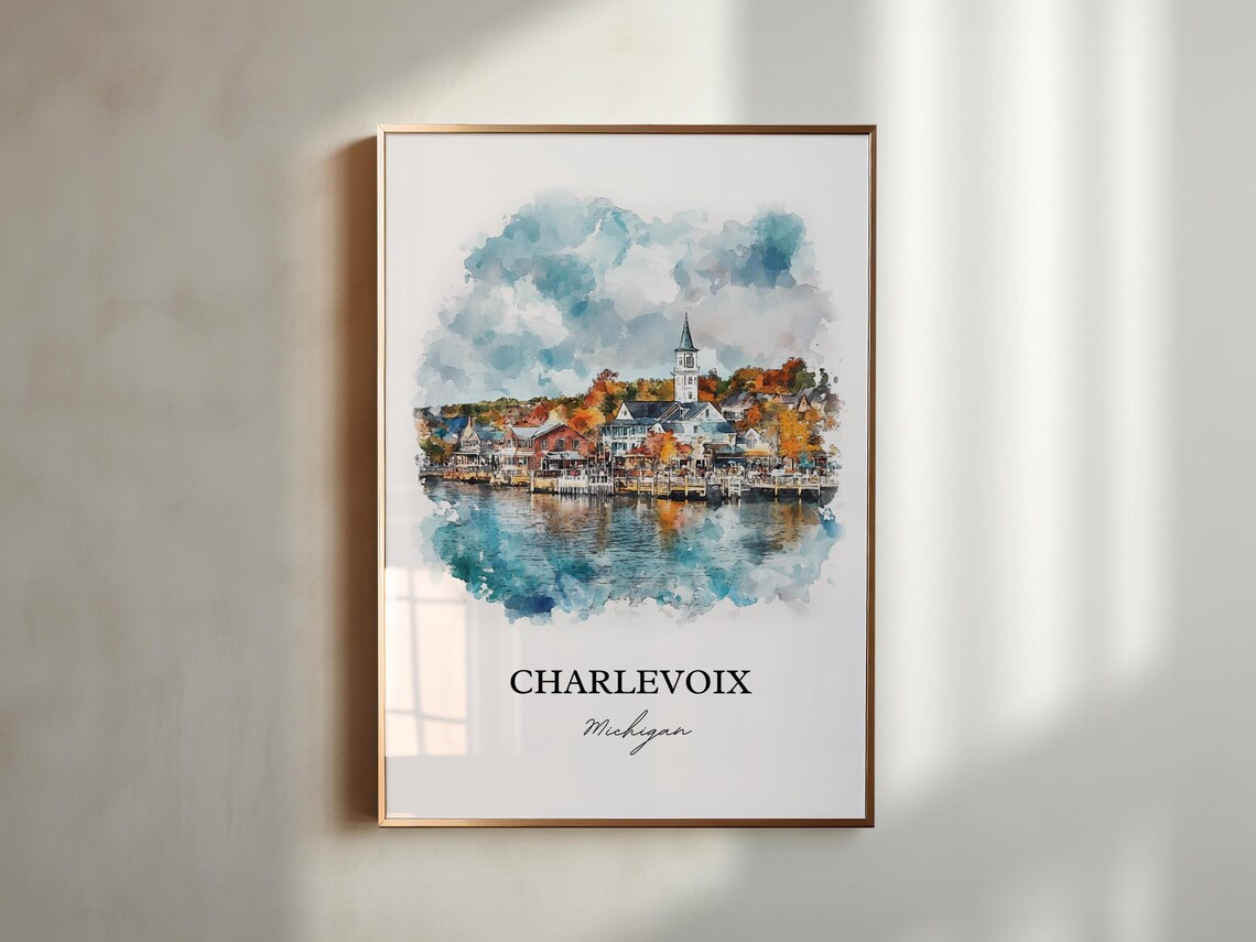 Charlevoix Michigan Harbor Town Autumn Watercolor Coastal Poster - Image 4