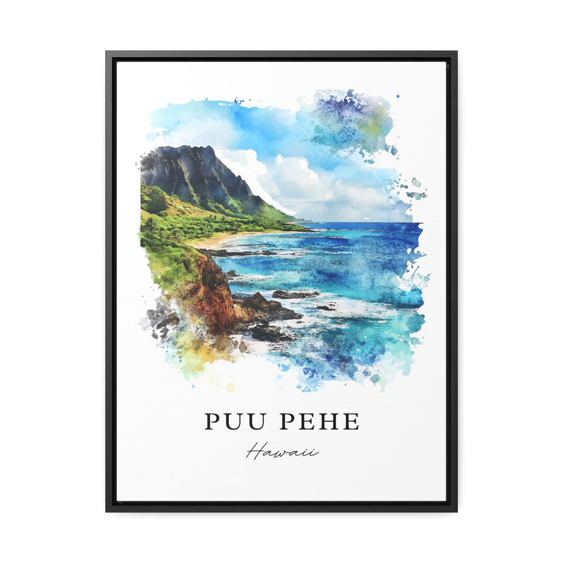 Puu Pehe Hawaii Watercolor Sea Cliffs Ocean Scene Art Poster - Image 3