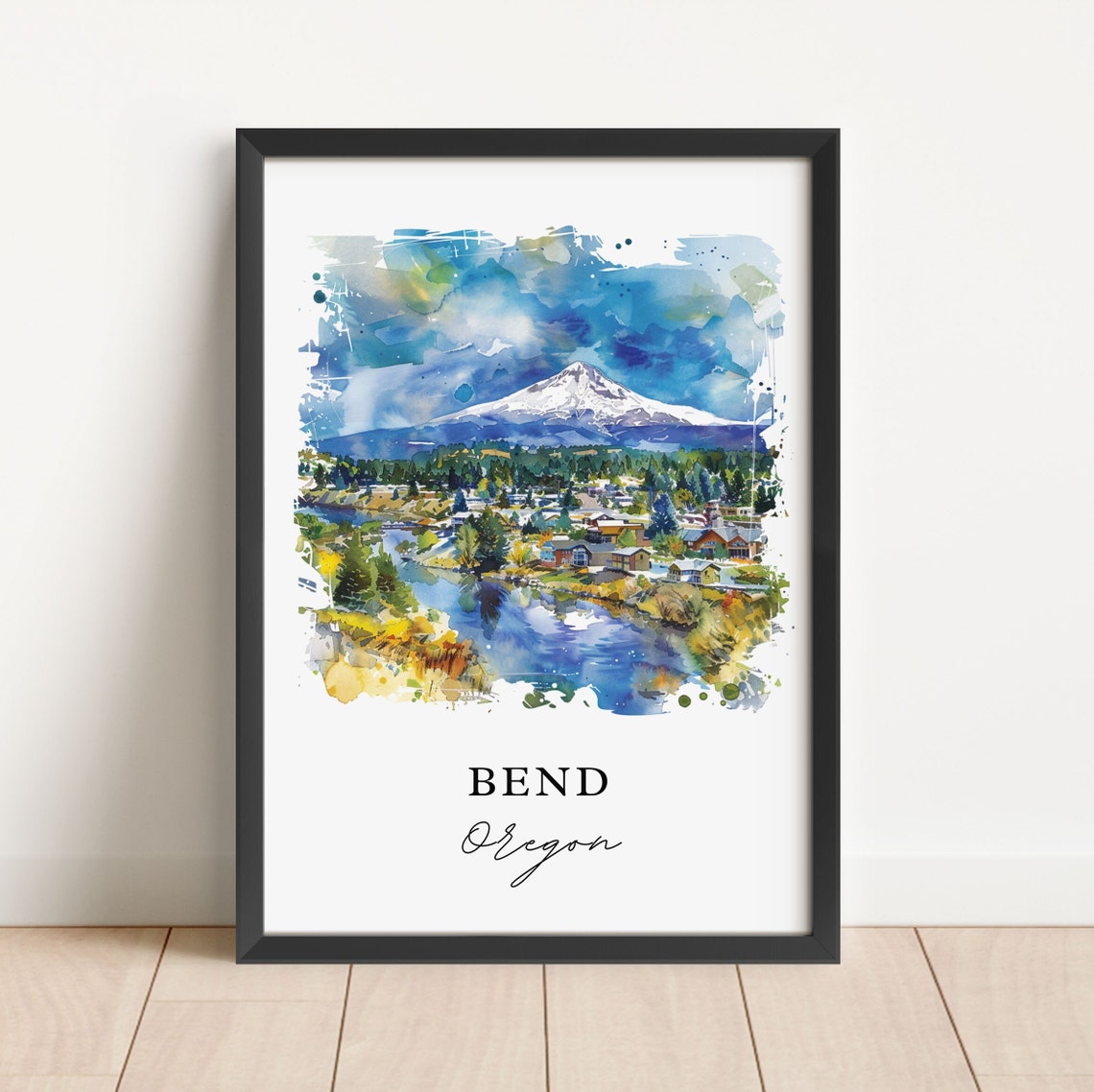 Bend Oregon Cascade Mountain River Town Watercolor Travel Poster