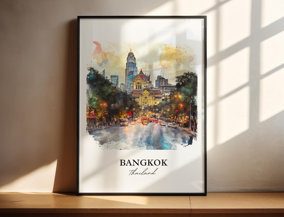 Bangkok Thailand City Night Street Lights Watercolor Travel Poster